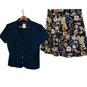 All That Jazz Outfit Women 13/14 Teal Blazer Short Slv Floral Skater Skirt Set